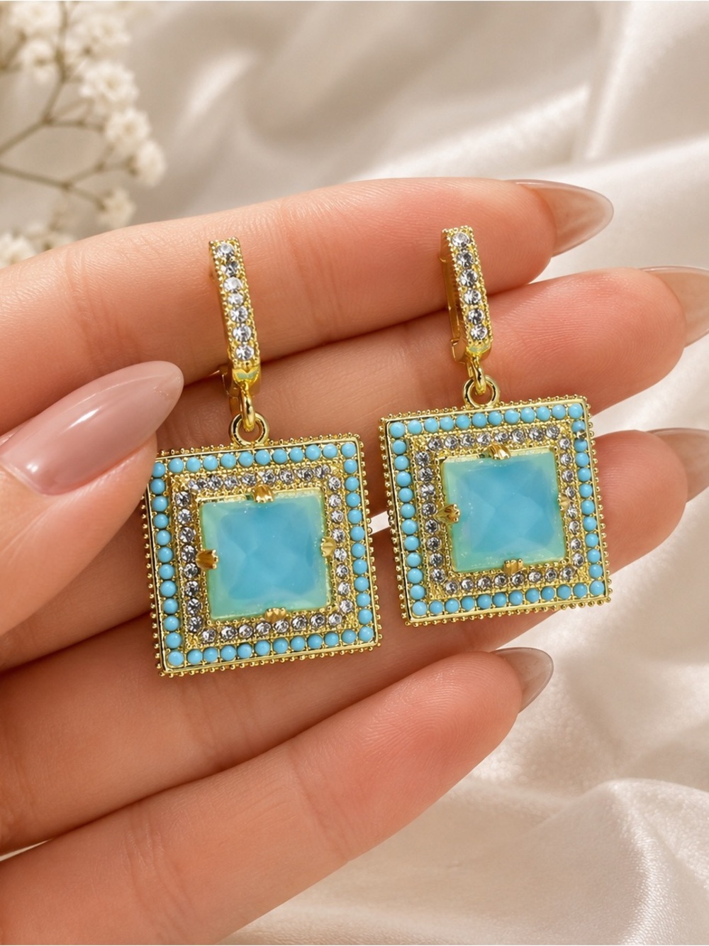 Gold Vintage Turquoise Square Drop Earrings - Women Jewelry